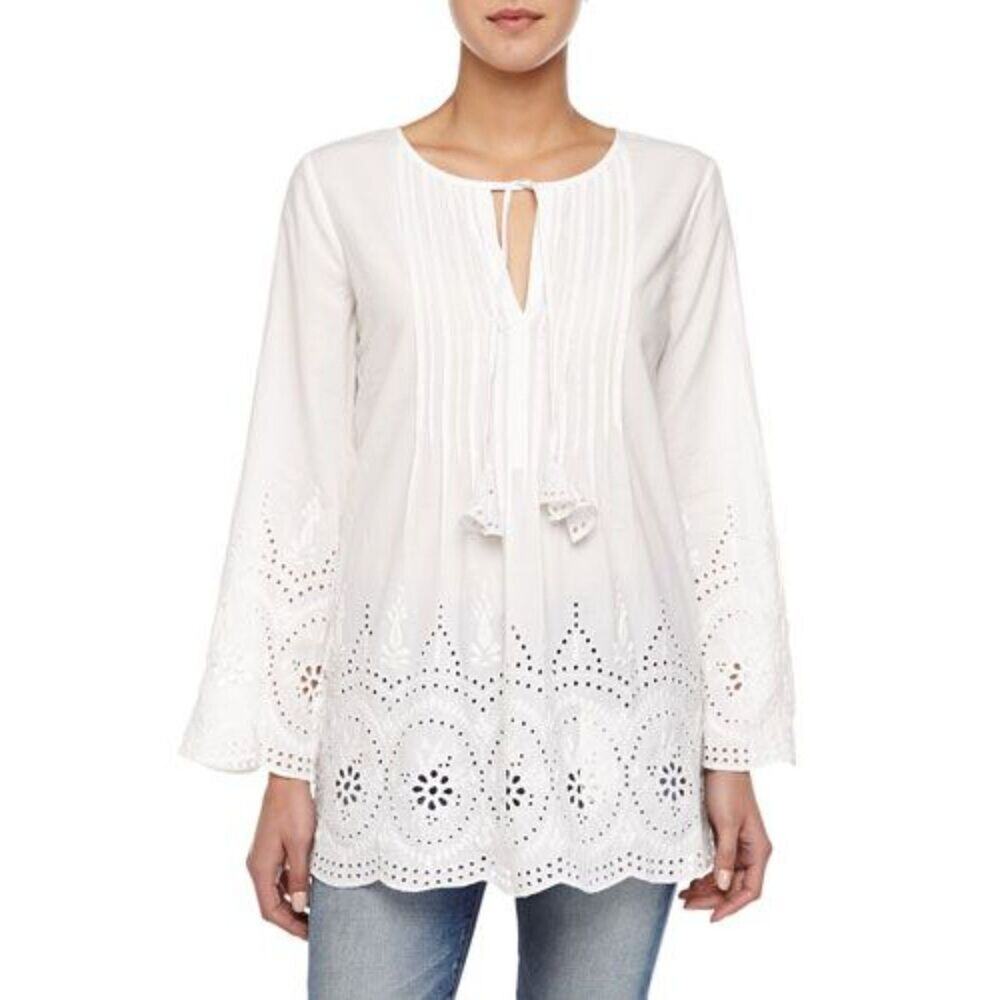 CALYPSO ST BARTH White Eyelet Lace Long-Sleeve Peasant Cotton Tunic Size M